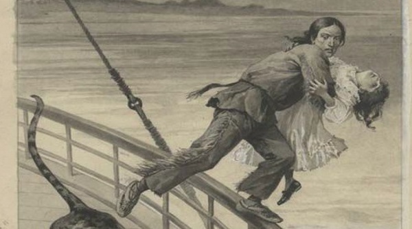 Indián Malý Medvěd zachraňující dívku před uprchlou šelmou skokem přes palubu; May, K.: Poklad ve Stříbrném jezeře. Praha : Alois Hynek, 1904 Indián Malý Medvěd zachraňující dívku před uprchlou šelmou skokem přes palubu; May, K.: Poklad ve Stříbrném jezeře. Praha : Alois Hynek, 1904