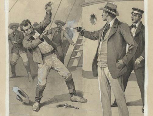 Přestřelka na palubě parníku Dogfish; May, K.: Poklad ve Stříbrném jezeře. Praha: Alois Hynek, 1904 Přestřelka na palubě parníku Dogfish; May, K.: Poklad ve Stříbrném jezeře. Praha: Alois Hynek, 1904