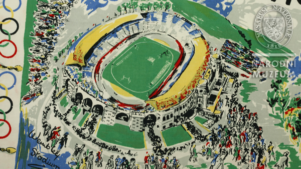 detail šátku s motivem Olympiády detail šátku s motivem Olympiády
