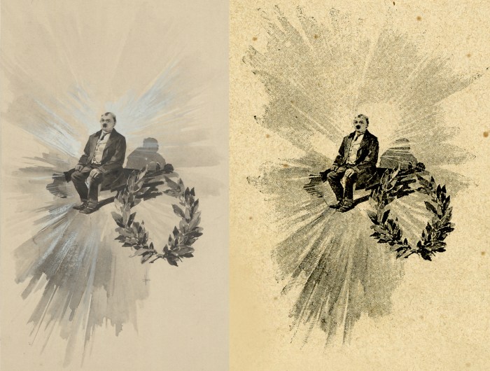 Srovnání originální ilustrace s dobovou autotypickou reprodukcí téže kresby. Ilustrace Viktora Olivy ke knize Svatopluka Čecha Nový epochální výlet pana Broučka tentokrát do patnáctého století. Vydal F. Topič, 1889. Kvůli nedokonalým dobovým reprodukčním technikám byly mnohdy ilustrace vytištěny v knihách z přelomu 19. a 20. století velmi nekvalitně. Kresebné detaily se zcela ztrácely a tiskový rastr byl poměrně hrubý. Výsledná reprodukce tak mohla znehodnotit původní předlohu. 