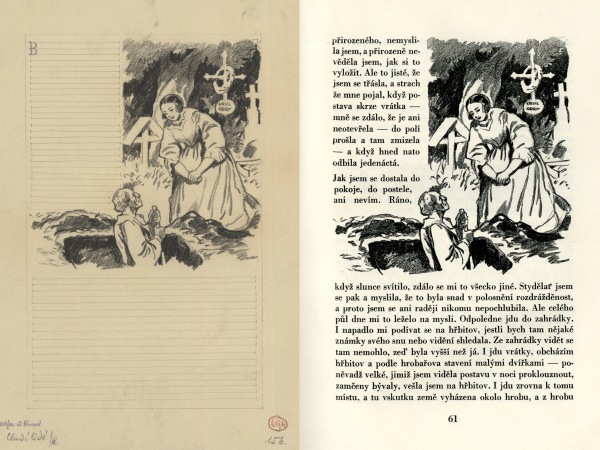 Ilustrace Josefa Vodrážky ke knize B. Němcové Chudí lidé a jiné povídky s rozkresem sazebního obrazce. Vedle pro srovnání reprodukce v knize. Knihu vydal L. Mazáč, 1932