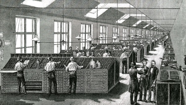 Bohumír Roubalík: pohled do pražské sazárny nakladatelství Jana Otty z roku 1891. 