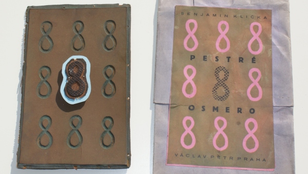Obálka. Štoček pro dvoubarevný soutisk, s nátiskem. Klička, B.: Pestré osmero. Praha : V. Petr, 1928. "Atom", sv. 30 