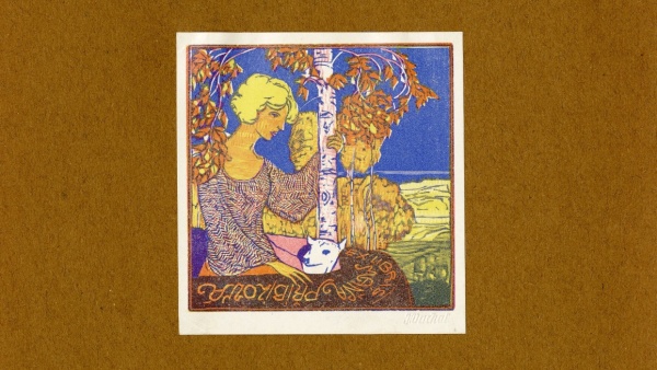 Autor Josef Váchal. Exlibris pro Máňu Přibilovou. Dívka se psem. Dřevoryt, 1911. Autor Josef Váchal. Exlibris pro Máňu Přibilovou. Dívka se psem. Dřevoryt, 1911.