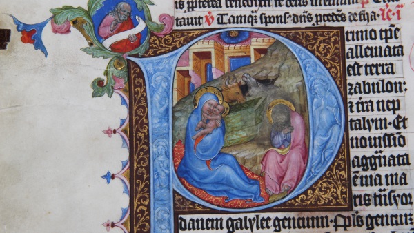 Iluminace "Narození Krista" v iniciále P, detail 