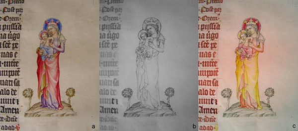 Srovnání iluminace „Madona s Ježíškem“ na VIS snímku (vlevo), IR snímku (uprostřed) a IR snímku ve falešných barvách (vpravo)