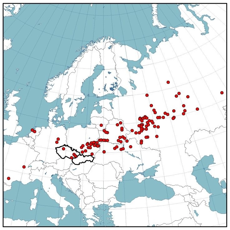 Mapa: Hnízdiště havranů polních vyskytujících se u nás v zimním období