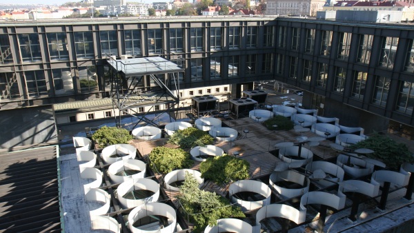 Pohled na střešní zahradu Nové budovy Národního muzea v létě Pohled na střešní zahradu Nové budovy Národního muzea v létě