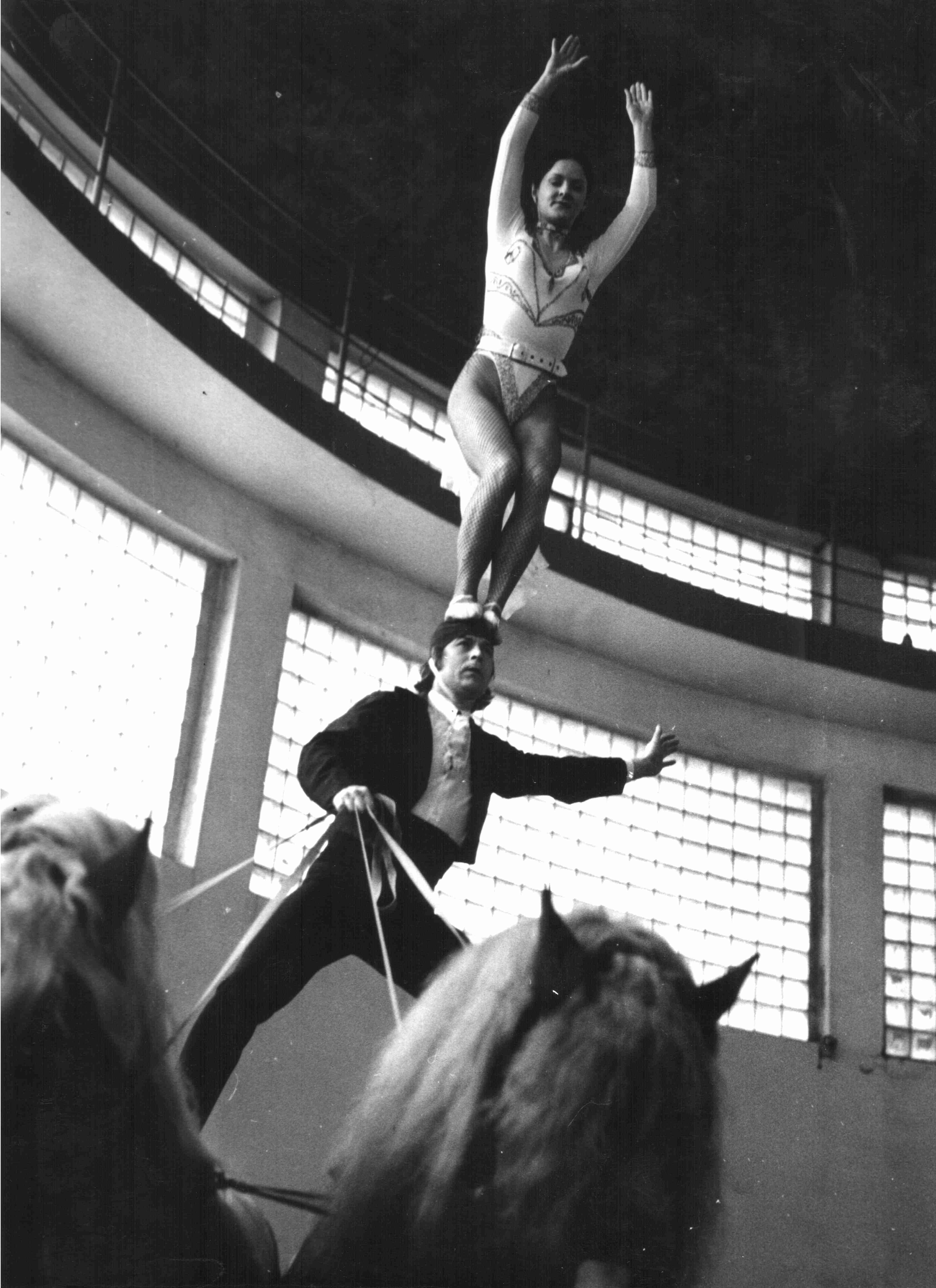 Nácvik pas de deux na koních v cvičné manéži zimoviště - Harry a Monika Štipkovi, po r. 1970