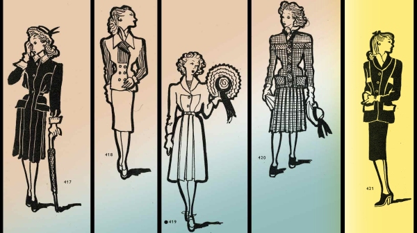 Návrhy kostýmů a plášťů vhodných k návštěvě Národního muzea. Upraveno podle časopisu Milena č. 7, 1947 Návrhy kostýmů a plášťů vhodných k návštěvě Národního muzea. Upraveno podle časopisu Milena č. 7, 1947