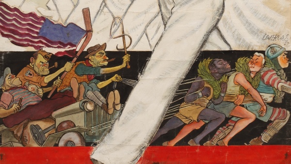 Návrh propagačního plakátu Připraven k práci a obraně vlasti (detail). Lev Haas /tempera na kladívkovém papíru/1952 Návrh propagačního plakátu Připraven k práci a obraně vlasti (detail). Lev Haas /tempera na kladívkovém papíru/1952