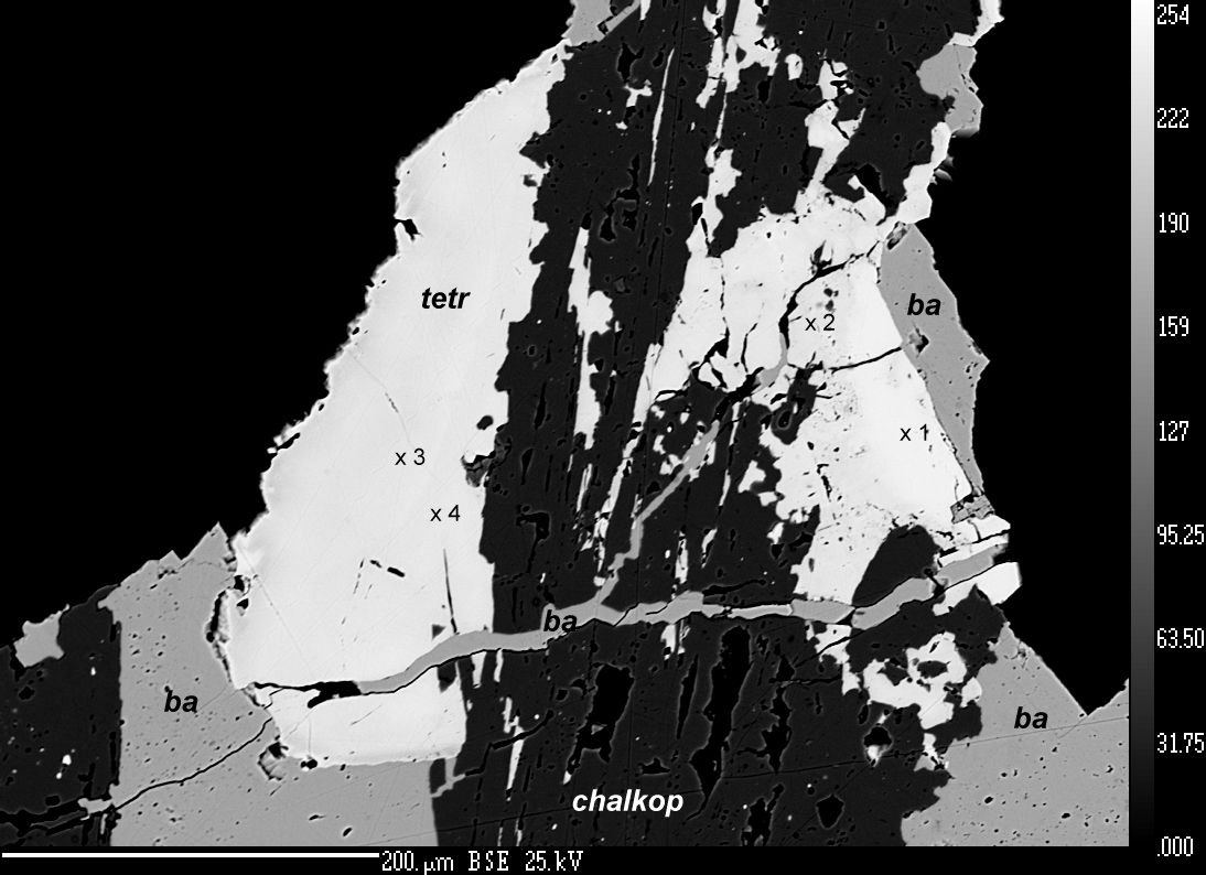 BSE obraz (v odražených elektronech) tetraedritu z Jedové hory, ČR ; izometrické zrno (tetr) proniknuté mladším chalkopyritem (chalkop) a nejmladším barytem (ba); místa bodových analýz vyznačena křížky; šířka záběru je asi 0,5 mm.