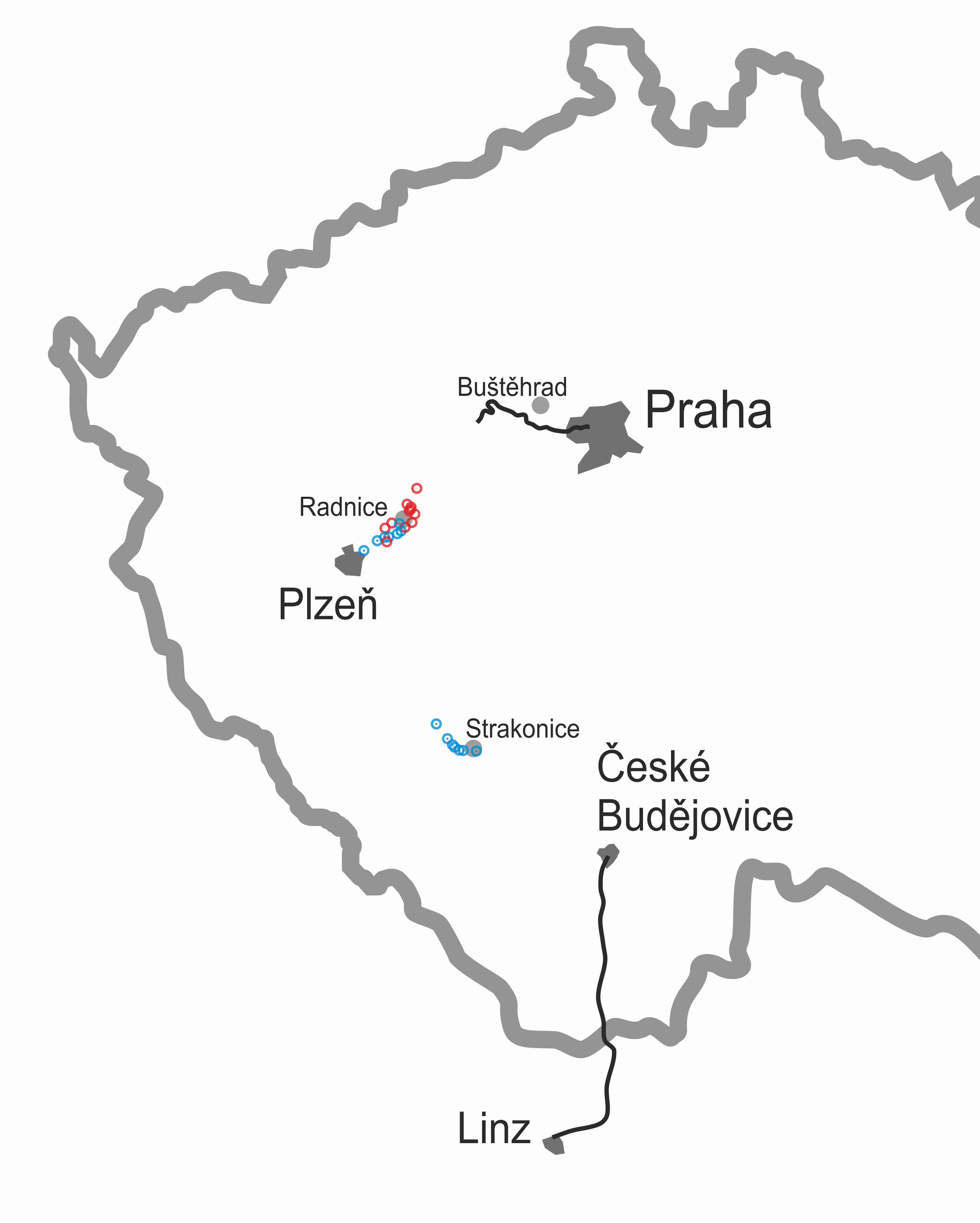 Úseky železnice vystavěné v době projektování „české uhelné dráhy“ a místa, ve kterých podle nalezených dopisů probíhalo vyměřování. (zdroj: Národní muzeum) Úseky železnice vystavěné v době projektování „české uhelné dráhy“ a místa, ve kterých podle nalezených dopisů probíhalo vyměřování. (zdroj: Národní muzeum)