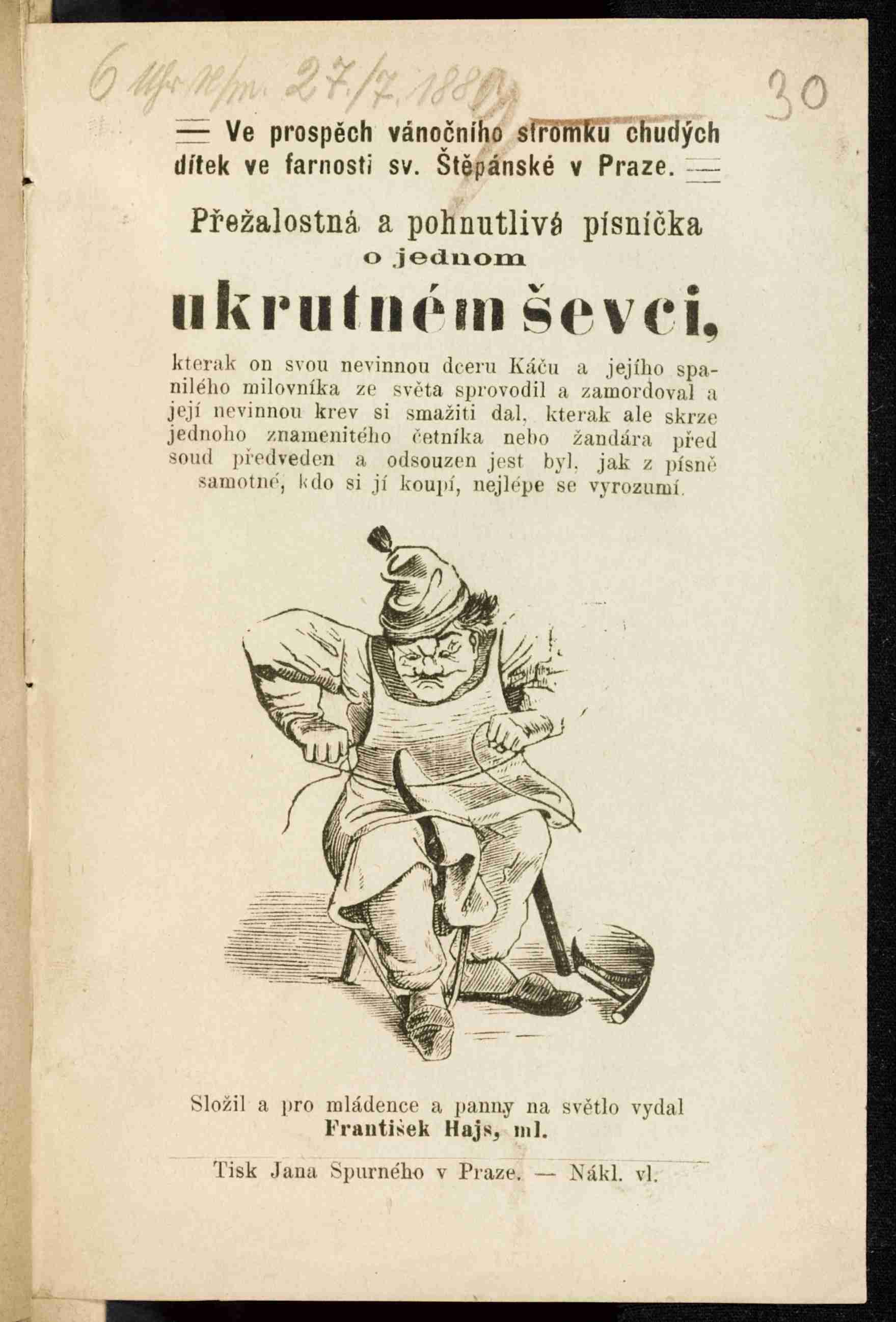Přežalostná a pohnutlivá písnička o jednom ukrutném ševci (titulní list). Zdroj: Knihovna Národního muzea