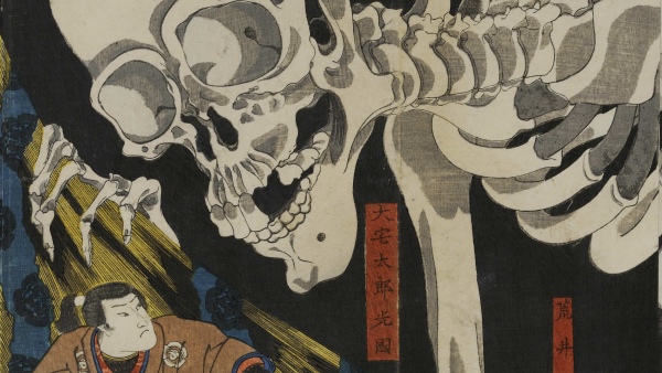 Kunijoši (1797–1861). Takijaša, dcera Tairy no Masakady vyvolává kostlivce (detail) - (zdroj: Národní muzeum) Kunijoši (1797–1861). Takijaša, dcera Tairy no Masakady vyvolává kostlivce (detail) - (zdroj: Národní muzeum)