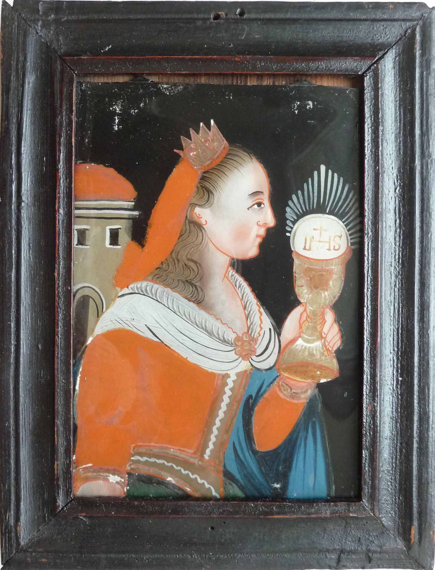 Sv. Barbora, podmalba na skle z 18. století, západní Slezsko (zdroj: Národní muzeum)