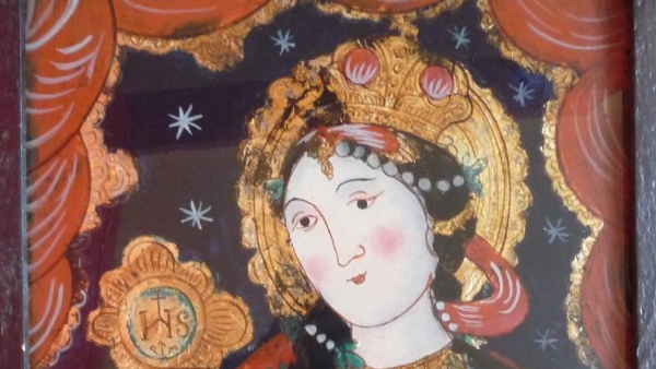 Sv. Barbora, detail podmalby na skle z 1. poloviny 19. století (zdroj: Národní muzeum)