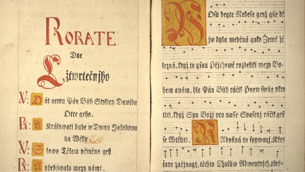 Detail rorátníku - speciálního zpěvníku pro zpěv rorátů - z počátku 19. století (zdroj: Národní muzeum) Detail rorátníku - speciálního zpěvníku pro zpěv rorátů - z počátku 19. století (zdroj: Národní muzeum)