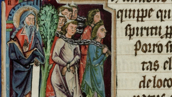 Detail iluminace Jeremiáš sleduje Židy vedené do babylónského zajetí. Františkánská bible (zdroj: Národní muzeum)