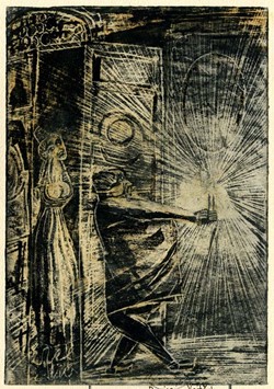 Stařec se svíčkou. Ilustrace Stanislava Kolíbala k povídce Hra o život (zdroj: Národní muzeum).