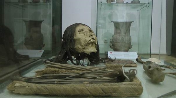 Mumifikovaná hlava "Tkadleny" ve výstavě Rituály smrti (zdroj: Národní muzeum)