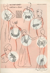 Květinové dekorace společenských šatů, časopis Eva, r. VII, č. 6, 15. 1. 1935