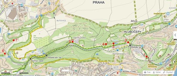 Během exkurze se účastníci zastavili na sedmi lokalitách v Prokopském údolí (zdroj: www.mapy.cz)