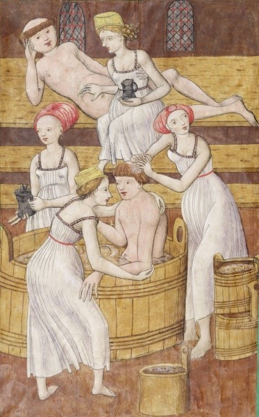 Jenský kodex digitalozováno. Hříšní mniši se v lázni oddávají rozkoši. Iluminace z Jenského kodexu. Zdroj: Národní muzeum