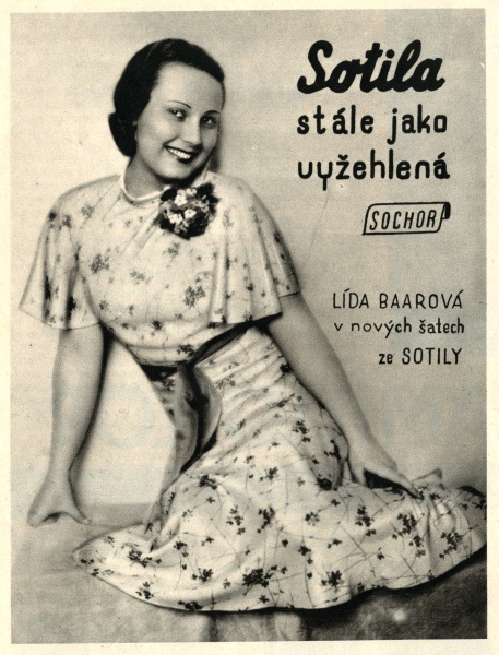 Fotografie.Lída Baarová v reklamě na umělé hedvábí firmy Sochor, 1934. Zdroj: Národní muzeum