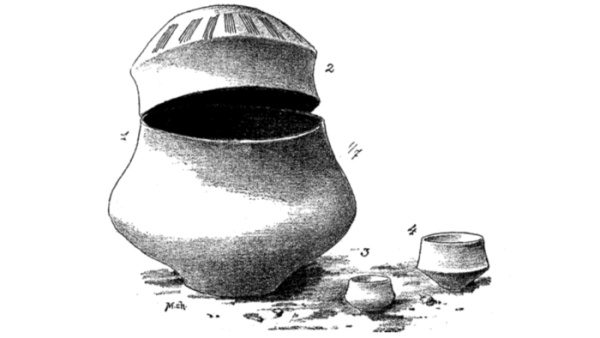 Kresba. Nádoby ze žárového hrobu u Rosic, které vykopal Jan Felcman za asistence přednosty stanice Diviše Čisteckého. Zdroj: Památky archeologické