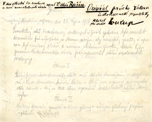 První zákon československý, přední strana. Zdroj: Národní muzeum Fotografie. První zákon československý, přední strana. Zdroj: Národní muzeum