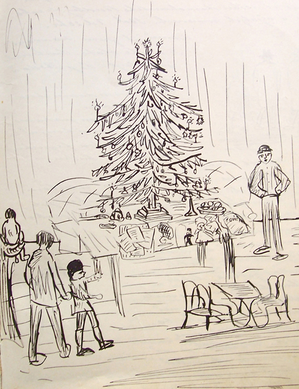 Stránka z deníku Joe Hlouchy s ilustrací jeho bratra Karla Hlouchy – Štědrý večer 1898. Zdroj: Národní muzeum