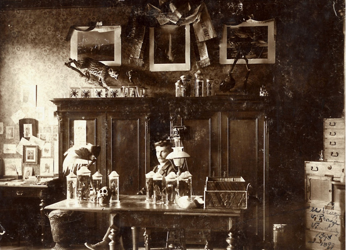 E. St. Vráz ve své pracovně v bytě na Vinohradech, kde pobýval v letech 1898–1899 a kde se setkal s mladým J. Hlouchou. Zdroj: Národní muzeum E. St. Vráz ve své pracovně v bytě na Vinohradech, kde pobýval v letech 1898–1899 a kde se setkal s mladým J. Hlouchou. Zdroj: Národní muzeum