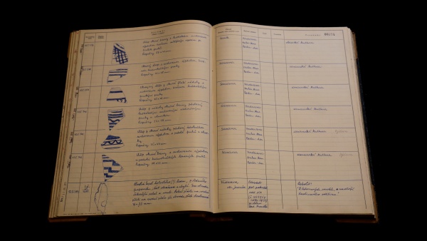 Inventární kniha se záznamy malovaných střepů. Zdroj: Národní muzeum Fotografie. Inventární kniha se záznamy malovaných střepů. Zdroj: Národní muzeum