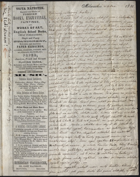 Fotokopie. Hlavičkový papír obchodu Vojty Náprstka. Je dobře vidět, že se zdaleka nejednalo jen o knihkupectví... (Archiv NpM, bez sig., leden 1851) Zdroj: Národní muzeum