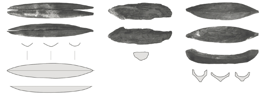 Hračky - dřevěné loďky z Lerivíku (Steffen Stummann Hansen - Inga Merkyte - Joanna Bending: Toftanes, a Viking Age Farmstead in the Faroe Islands: archaeology, environment and economy. Acta Archaeologica 84/1. Oxford (: Willey, Blackwell), 2013, s. 100)