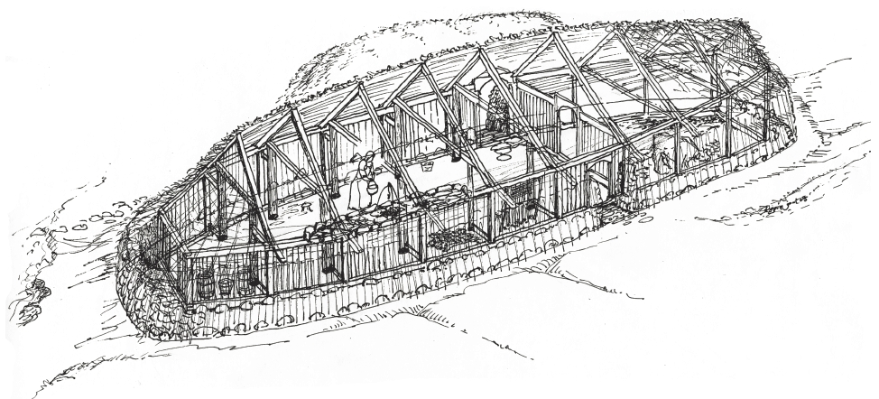 Rekonstrukce statku v Toftanesu (zdroj: Steffen Stummann Hansen - Inga Merkyte - Joanna Bending: Toftanes, a Viking Age Farmstead in the Faroe Islands: archaeology, environment and economy. Acta Archaeologica 84/1. Oxford (: Willey, Blackwell), 2013, s. 188)