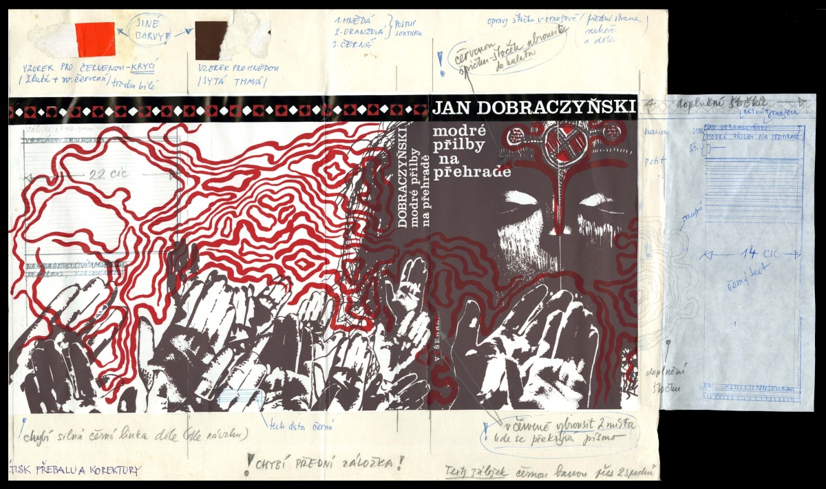 Návrh přebalu. Nátisk přebalu v jedné barvě (hnědé), s předlohou pro další část motivu a část typografie. Dobraczyński, Jan: Modré přilby na přehradě. Praha: Vyšehrad, 1976. S pokyny pro zhotovení reprodukce a s korekturou.
