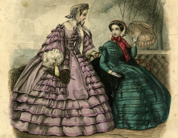 Módní kresba druhorokokových šatů, Iris, 1859. 