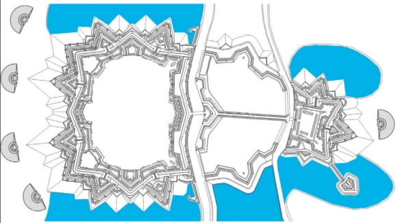 Celkový plán pevnosti Terezín s plánovaným umístěním maxmiliánských věží v předpolí. Zdroj: Pevnost Terezín: proti pruské rozpínavosti.