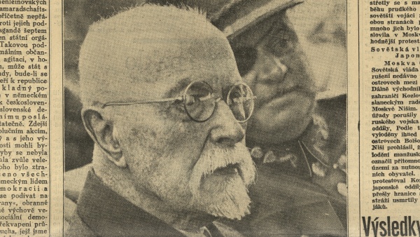T. G. Masaryk a generál Syrový na Strahově 4. 7. 1937. Zdroj: České slovo, r. 29. 7. 7. 1937, č. 157, s. 1