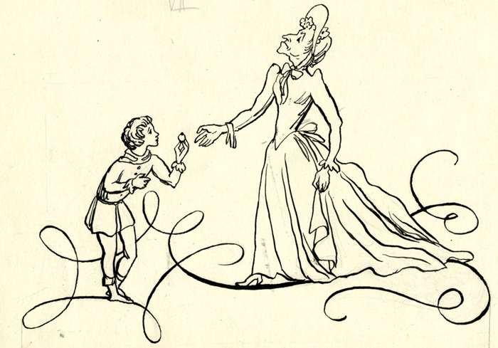 Ilustrace Petra Dillingera Thackeray, William Makepeace: Růže a prsten čili příhody prince Vavřína a prince Bulky. Praha: Státní nakladatelství dětské knihy, 1950. Ilustrace Petra Dillingera Thackeray, William Makepeace: Růže a prsten čili příhody prince Vavřína a prince Bulky. Praha: Státní nakladatelství dětské knihy, 1950.